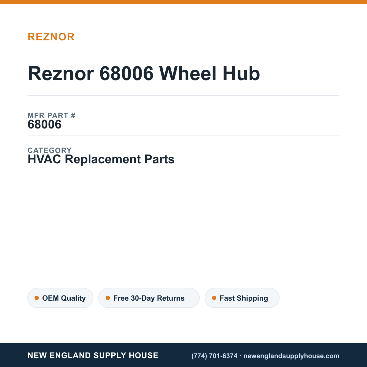 Reznor 68006 Wheel Hub — New England Supply House spec card [NESH-SPEC-CARD-V2]