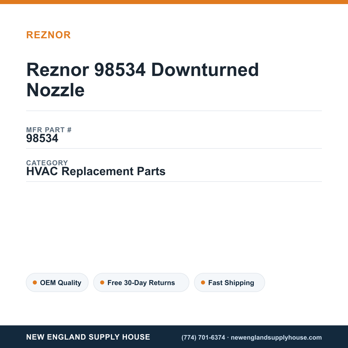Reznor 98534 Downturned Nozzle — New England Supply House spec card [NESH-SPEC-CARD-V2]