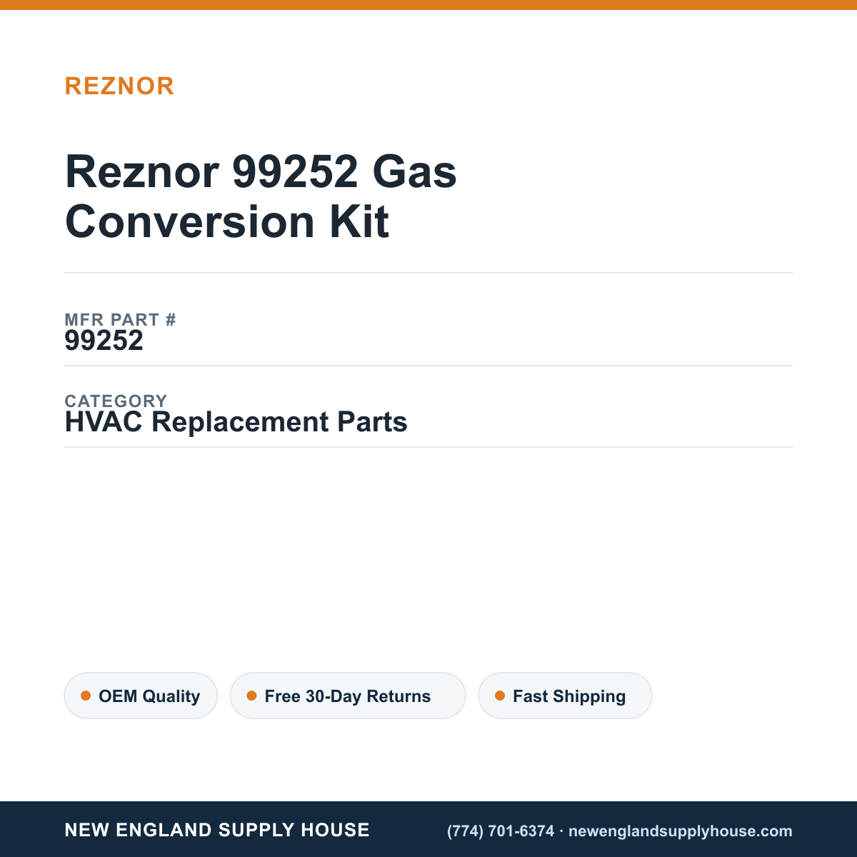 Reznor 99252 Gas Conversion Kit — New England Supply House spec card [NESH-SPEC-CARD-V2]