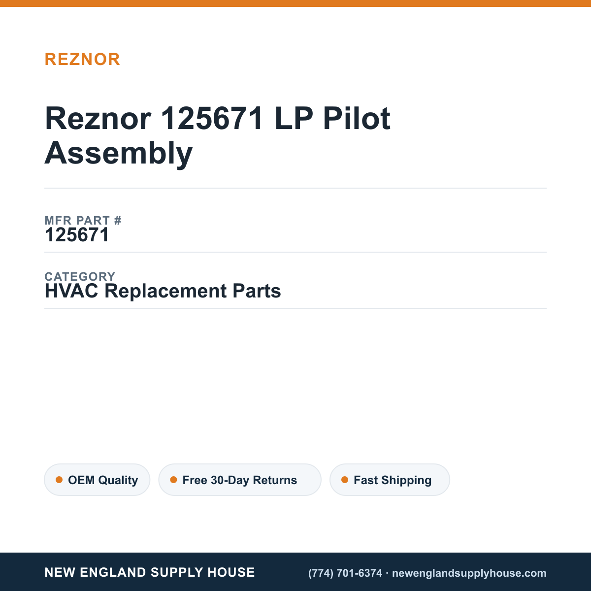 Reznor 125671 LP Pilot Assembly — New England Supply House spec card [NESH-SPEC-CARD-V2]