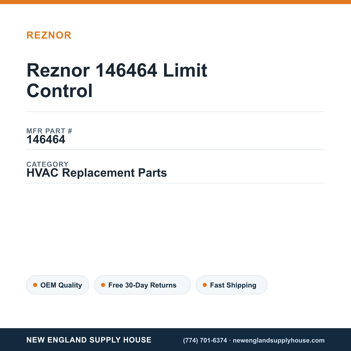 Reznor 146464 Limit Control — New England Supply House spec card [NESH-SPEC-CARD-V2]