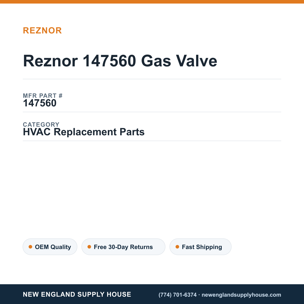 Reznor 147560 Gas Valve — New England Supply House spec card [NESH-SPEC-CARD-V2]