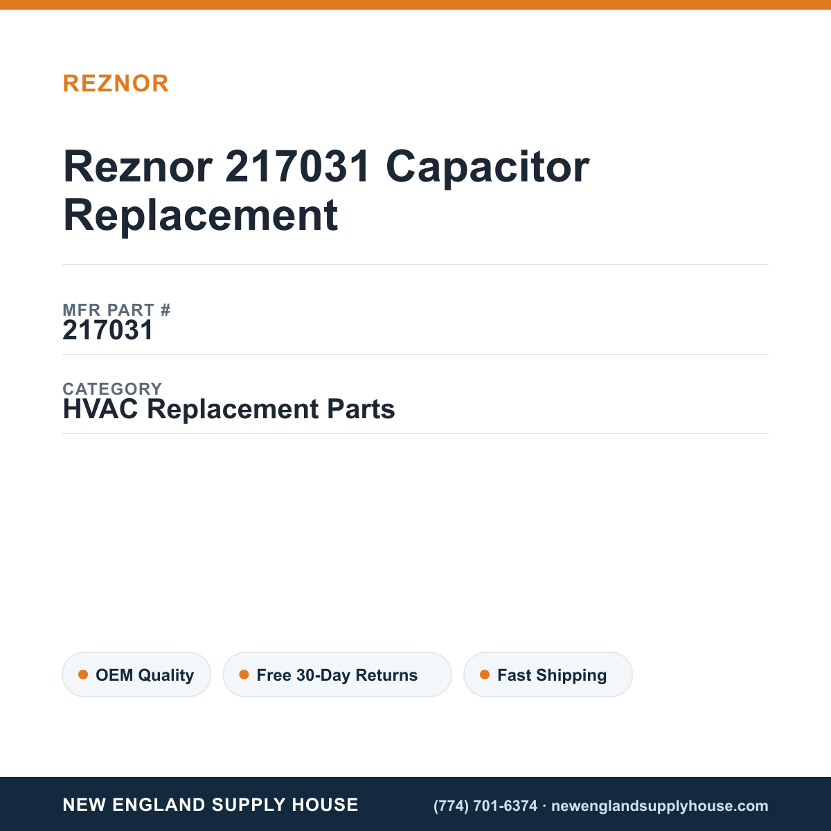 Reznor 217031 Capacitor Replacement — New England Supply House spec card [NESH-SPEC-CARD-V2]