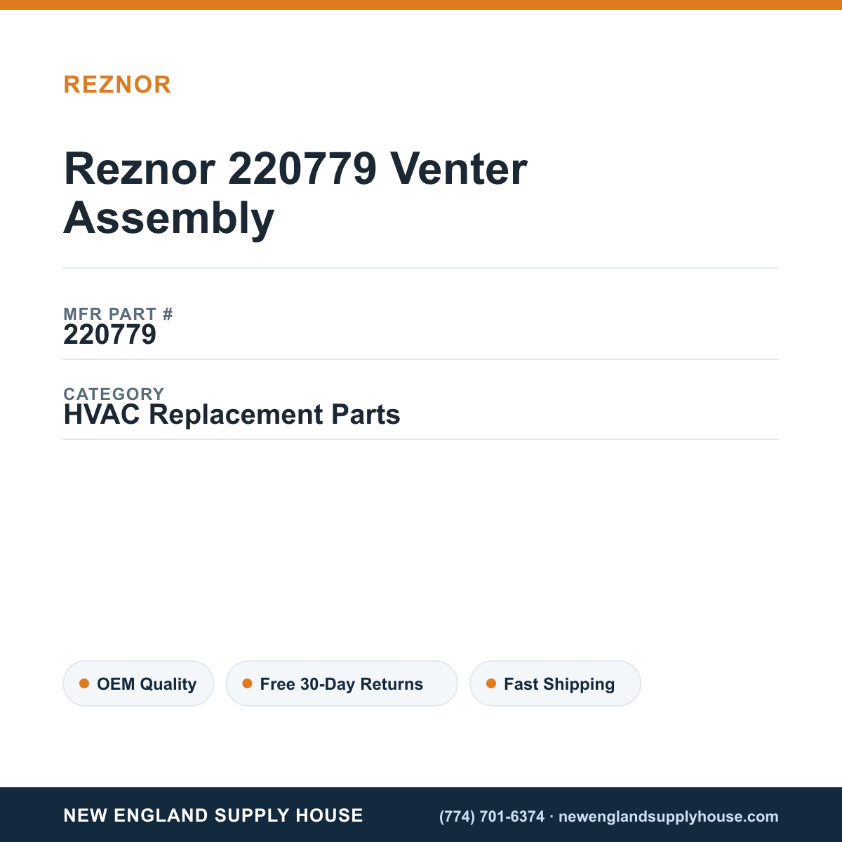Reznor 220779 Venter Assembly — New England Supply House spec card [NESH-SPEC-CARD-V2]