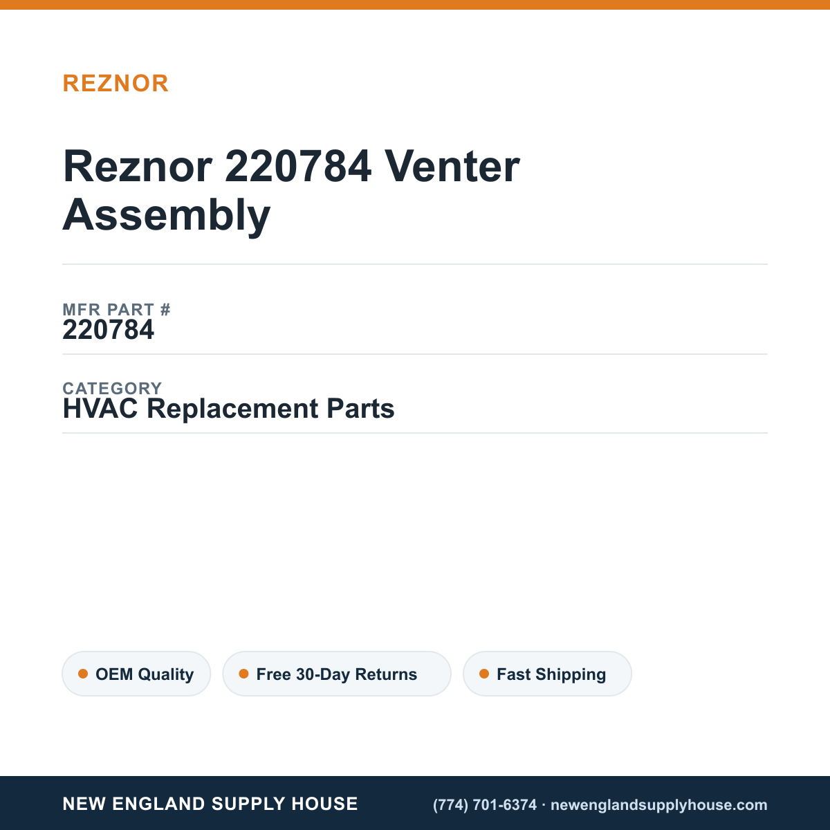 Reznor 220784 Venter Assembly — New England Supply House spec card [NESH-SPEC-CARD-V2]
