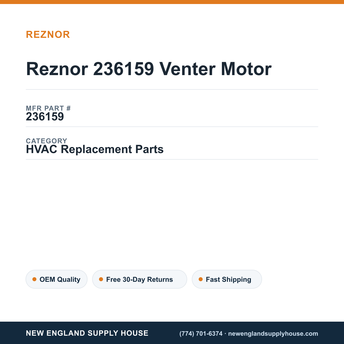 Reznor 236159 Venter Motor — New England Supply House spec card [NESH-SPEC-CARD-V2]