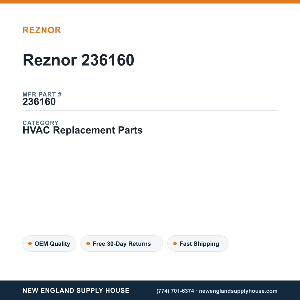 Reznor 236160 — New England Supply House spec card [NESH-SPEC-CARD-V2]