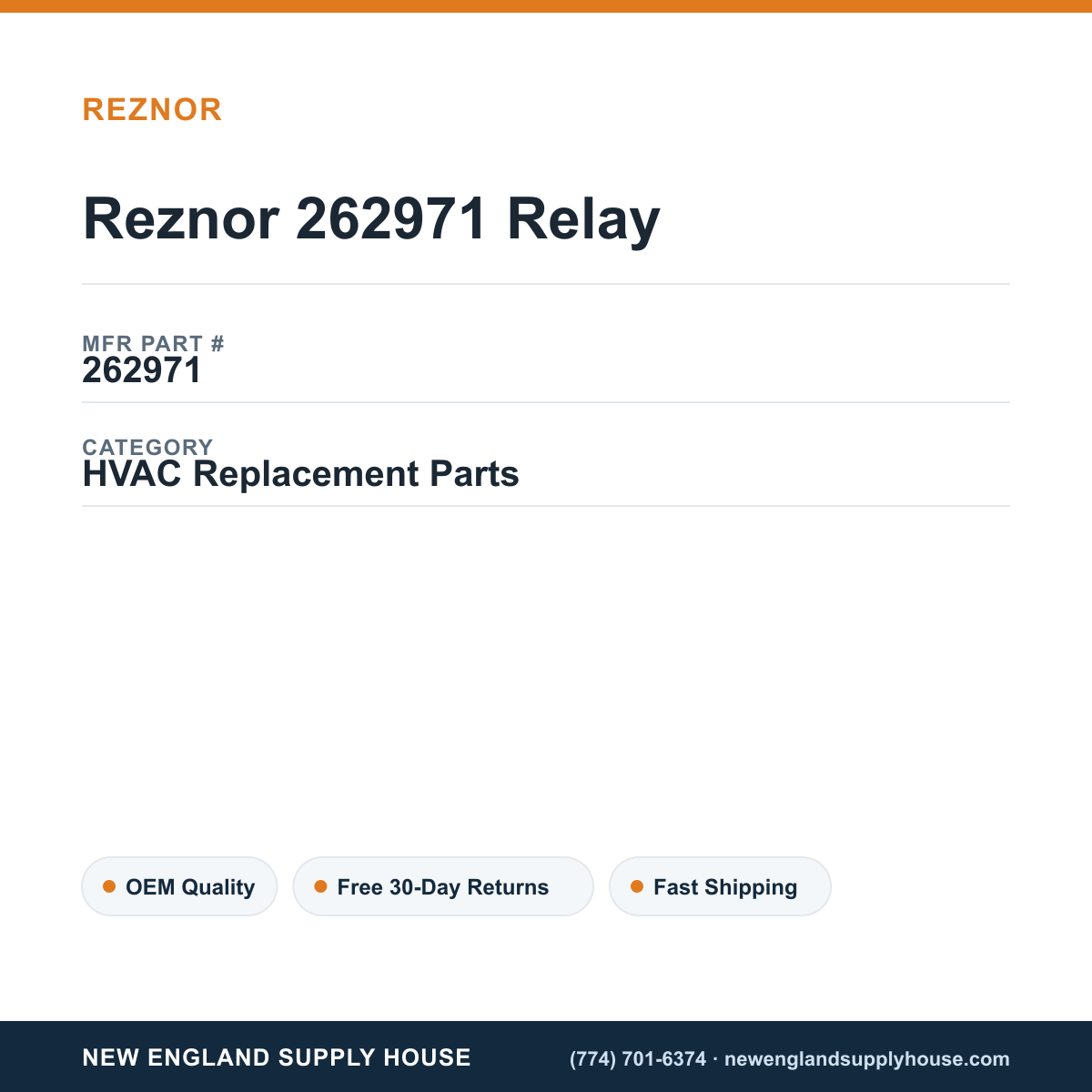 Reznor 262971 Relay — New England Supply House spec card [NESH-SPEC-CARD-V2]
