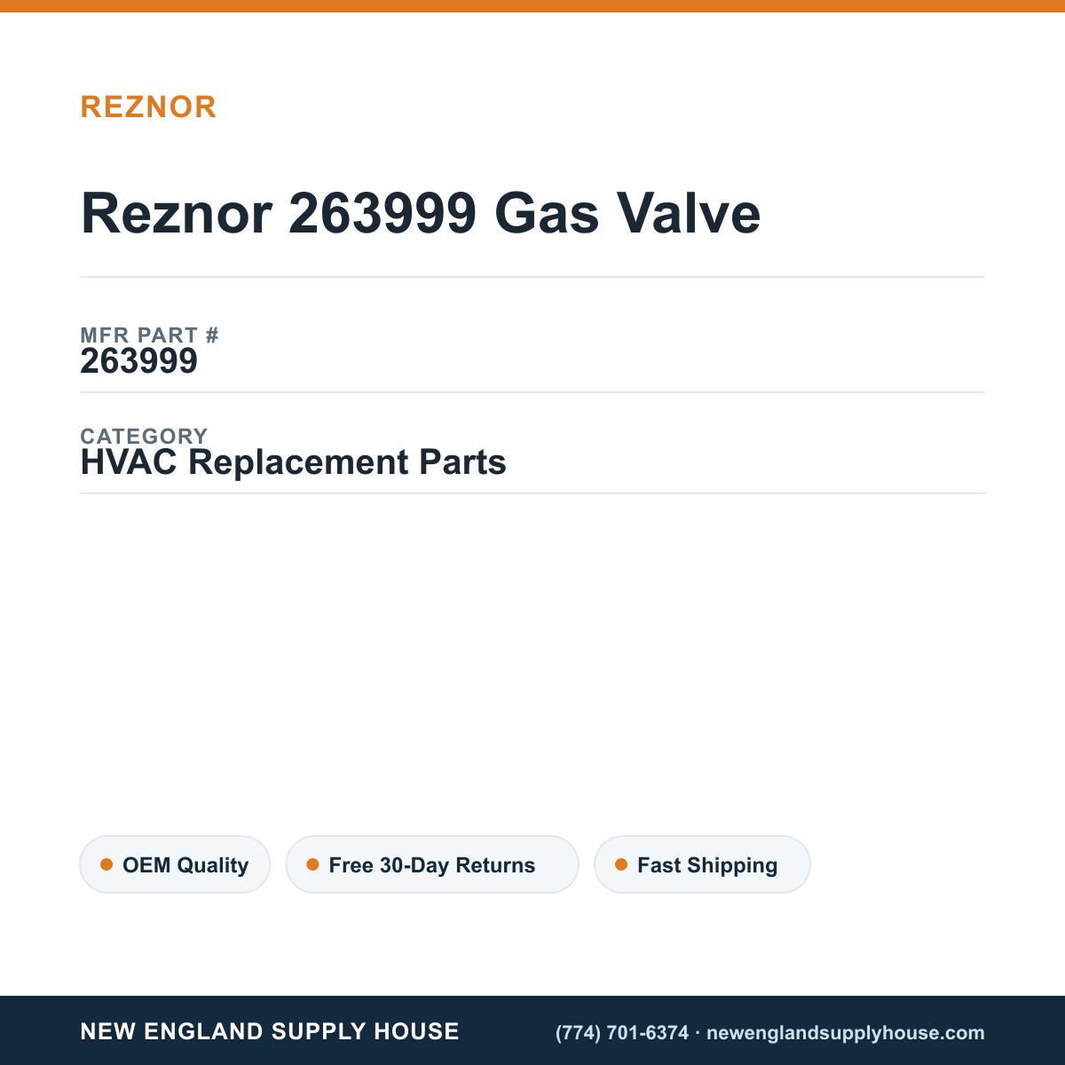 Reznor 263999 Gas Valve — New England Supply House spec card [NESH-SPEC-CARD-V2]