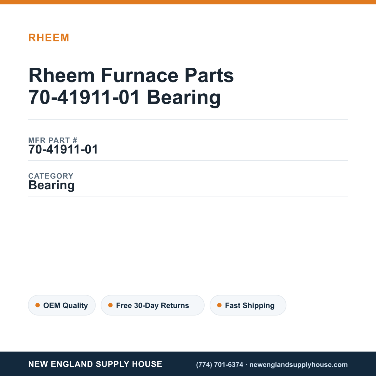Rheem Furnace Parts 70-41911-01 Bearing — New England Supply House spec card [NESH-SPEC-CARD-V2]