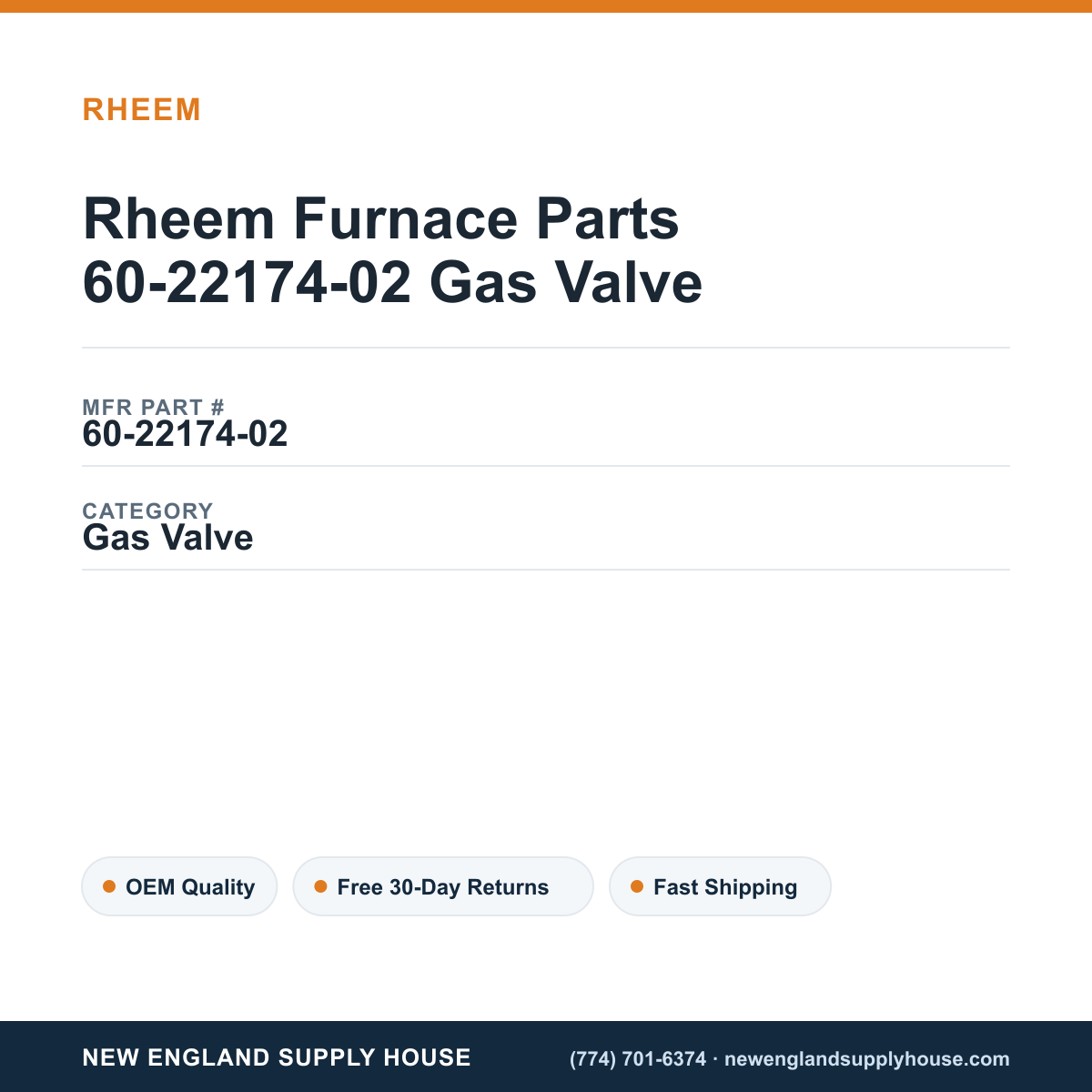Rheem Furnace Parts 60-22174-02 Gas Valve — New England Supply House spec card [NESH-SPEC-CARD-V2]
