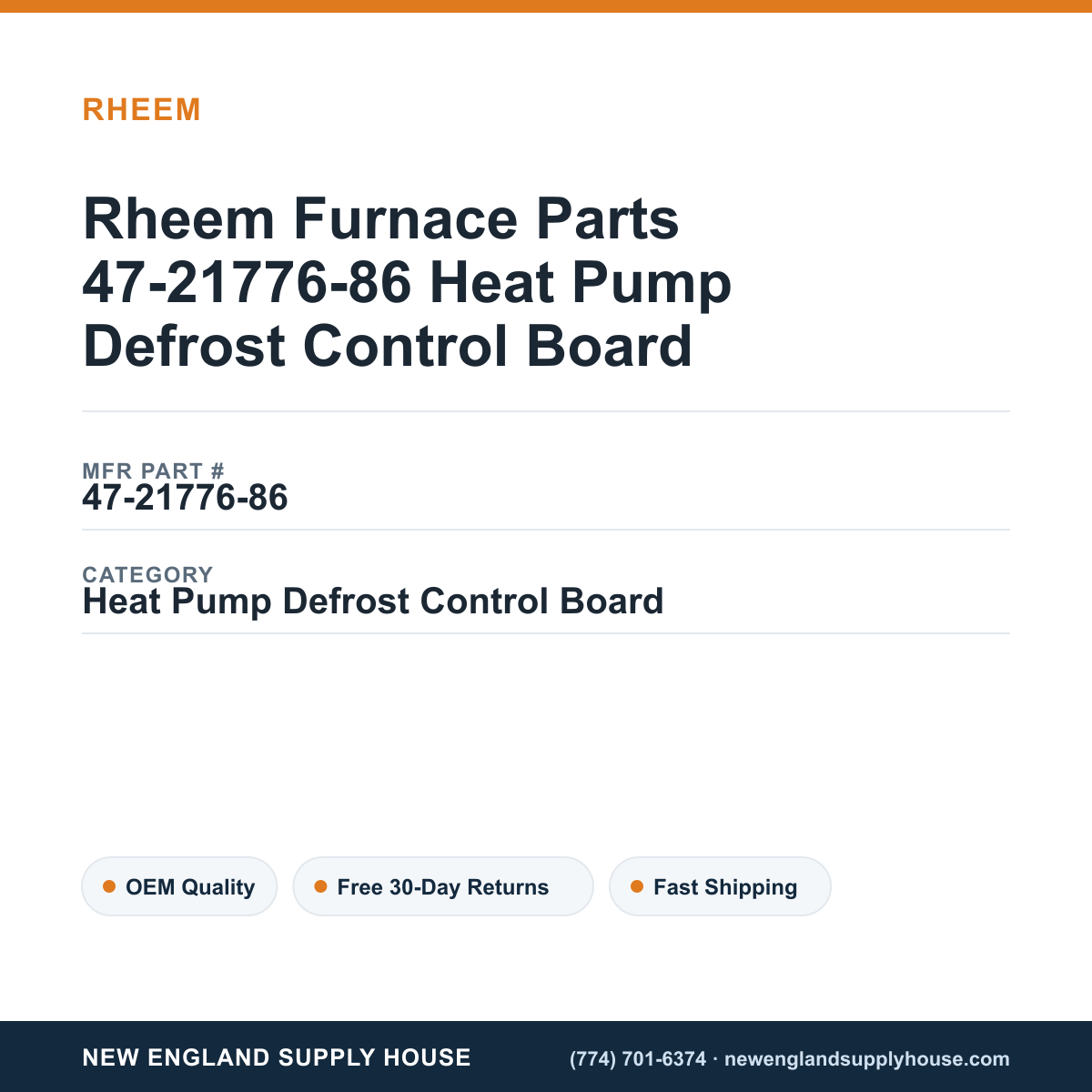Rheem Furnace Parts 47-21776-86 Heat Pump Defrost Control Board — New England Supply House spec card [NESH-SPEC-CARD-V2]