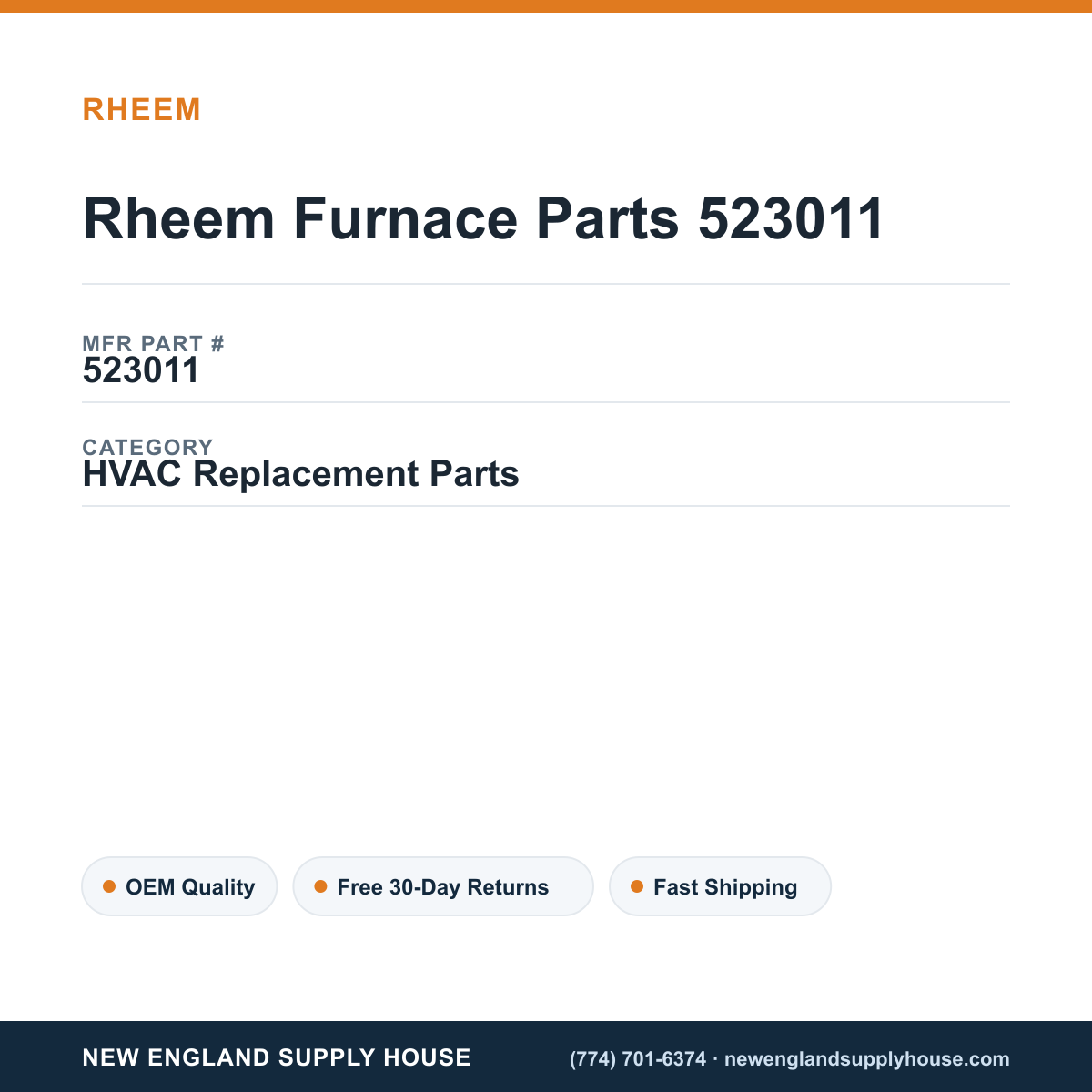 Rheem Furnace Parts 523011 — New England Supply House spec card [NESH-SPEC-CARD-V2]