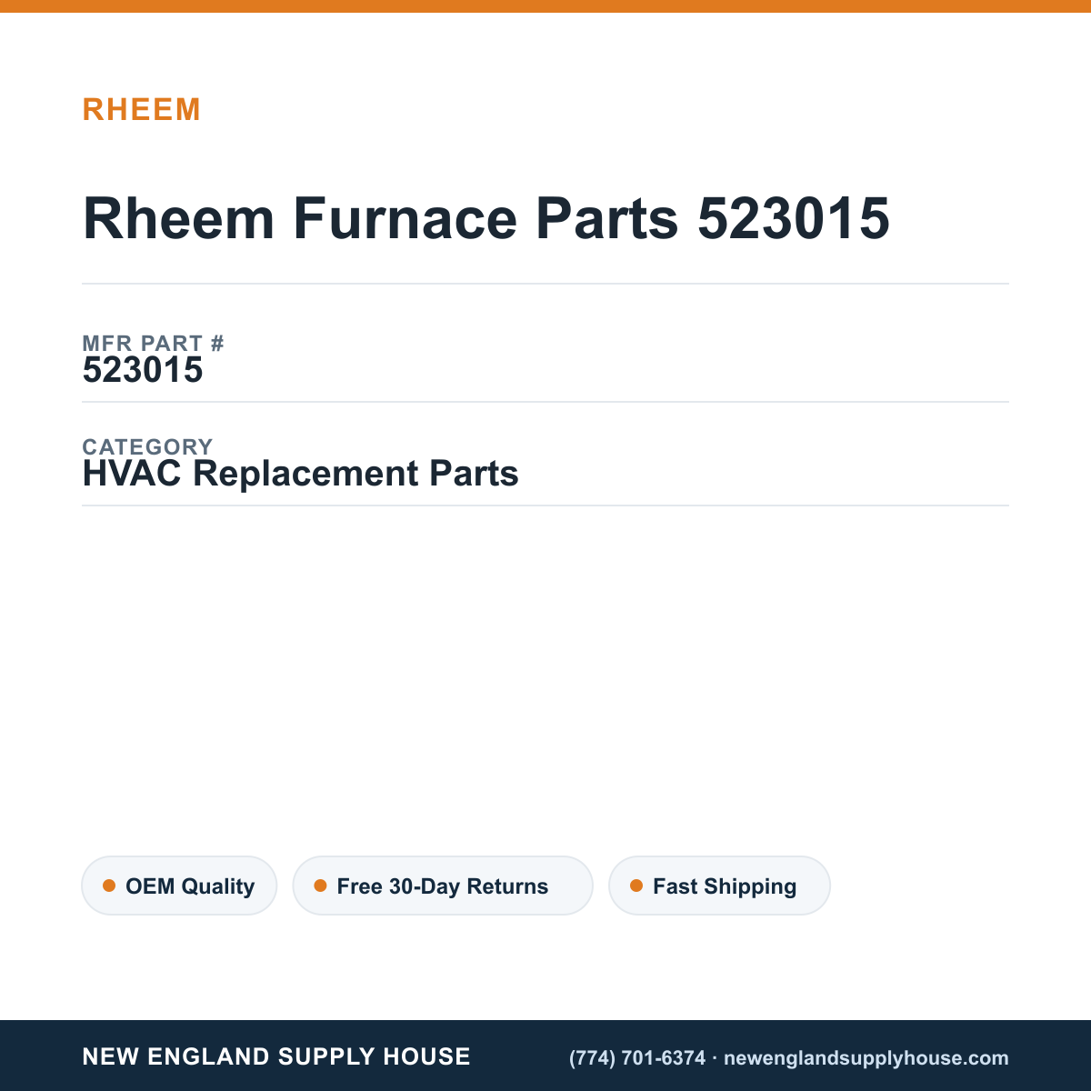 Rheem Furnace Parts 523015 — New England Supply House spec card [NESH-SPEC-CARD-V2]