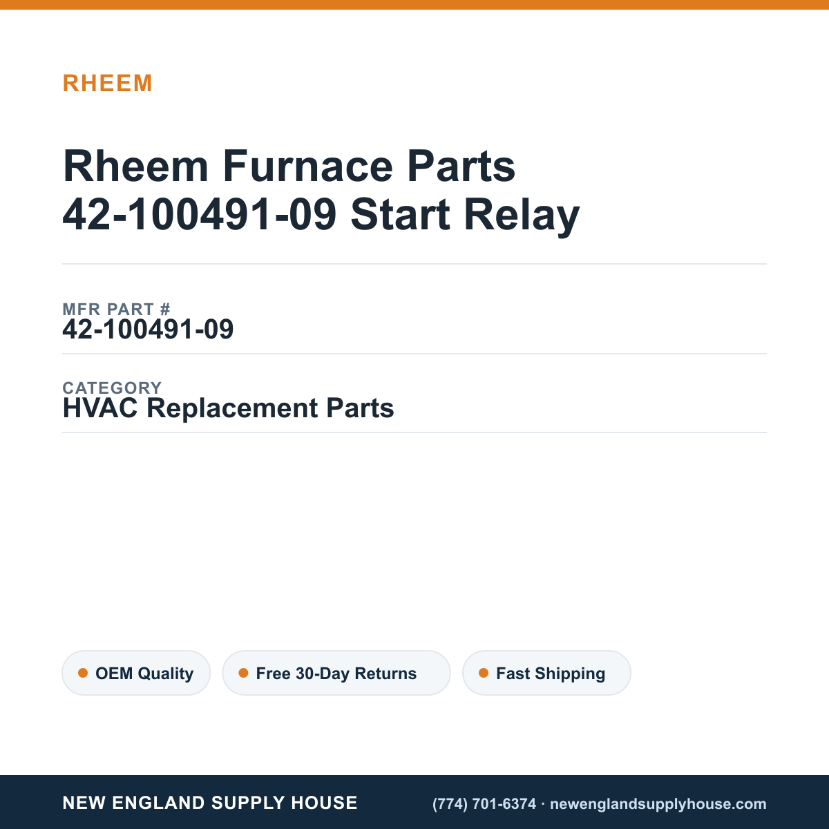 Rheem Furnace Parts 42-100491-09 Start Relay — New England Supply House spec card [NESH-SPEC-CARD-V2]