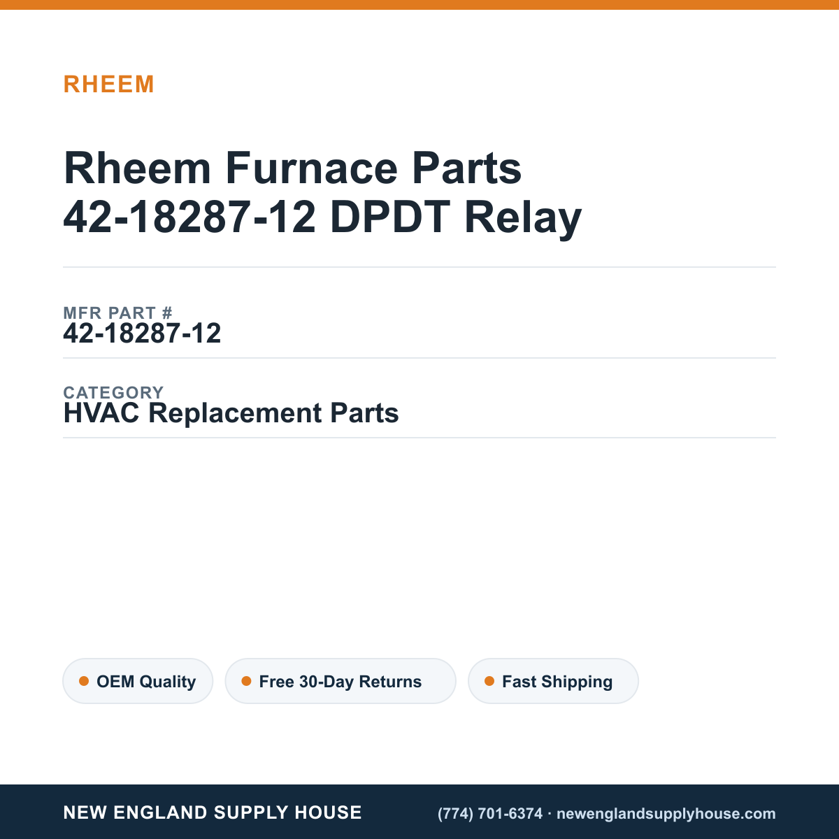 Rheem Furnace Parts 42-18287-12 DPDT Relay — New England Supply House spec card [NESH-SPEC-CARD-V2]