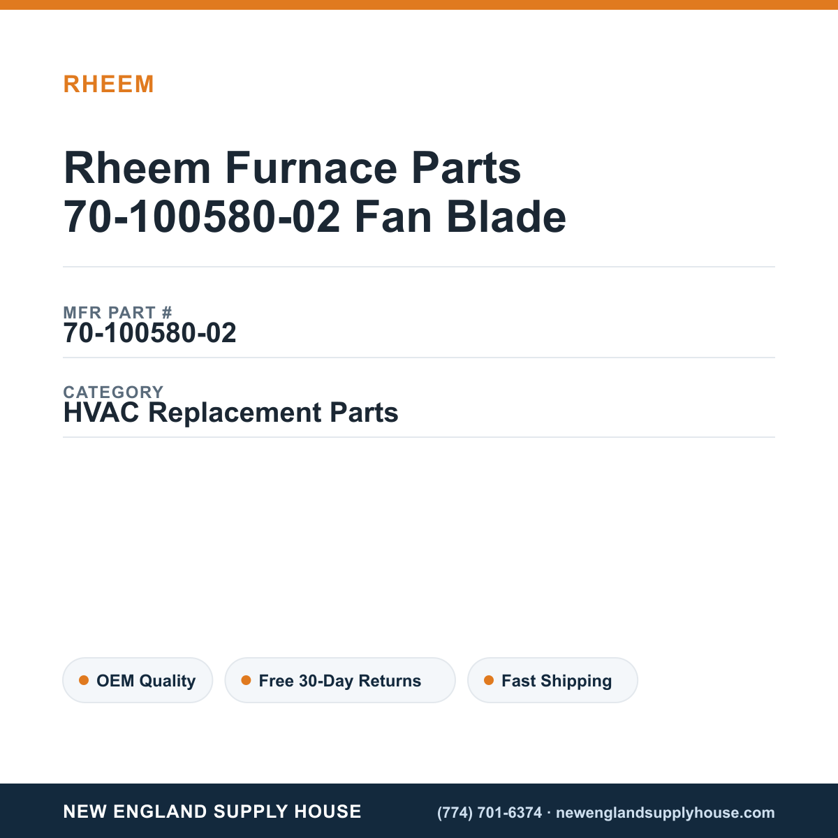 Rheem Furnace Parts 70-100580-02 Fan Blade — New England Supply House spec card [NESH-SPEC-CARD-V2]