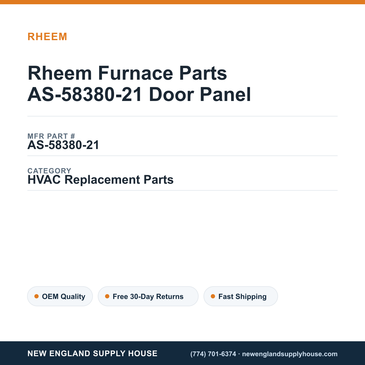 Rheem Furnace Parts AS-58380-21 Door Panel — New England Supply House spec card [NESH-SPEC-CARD-V2]