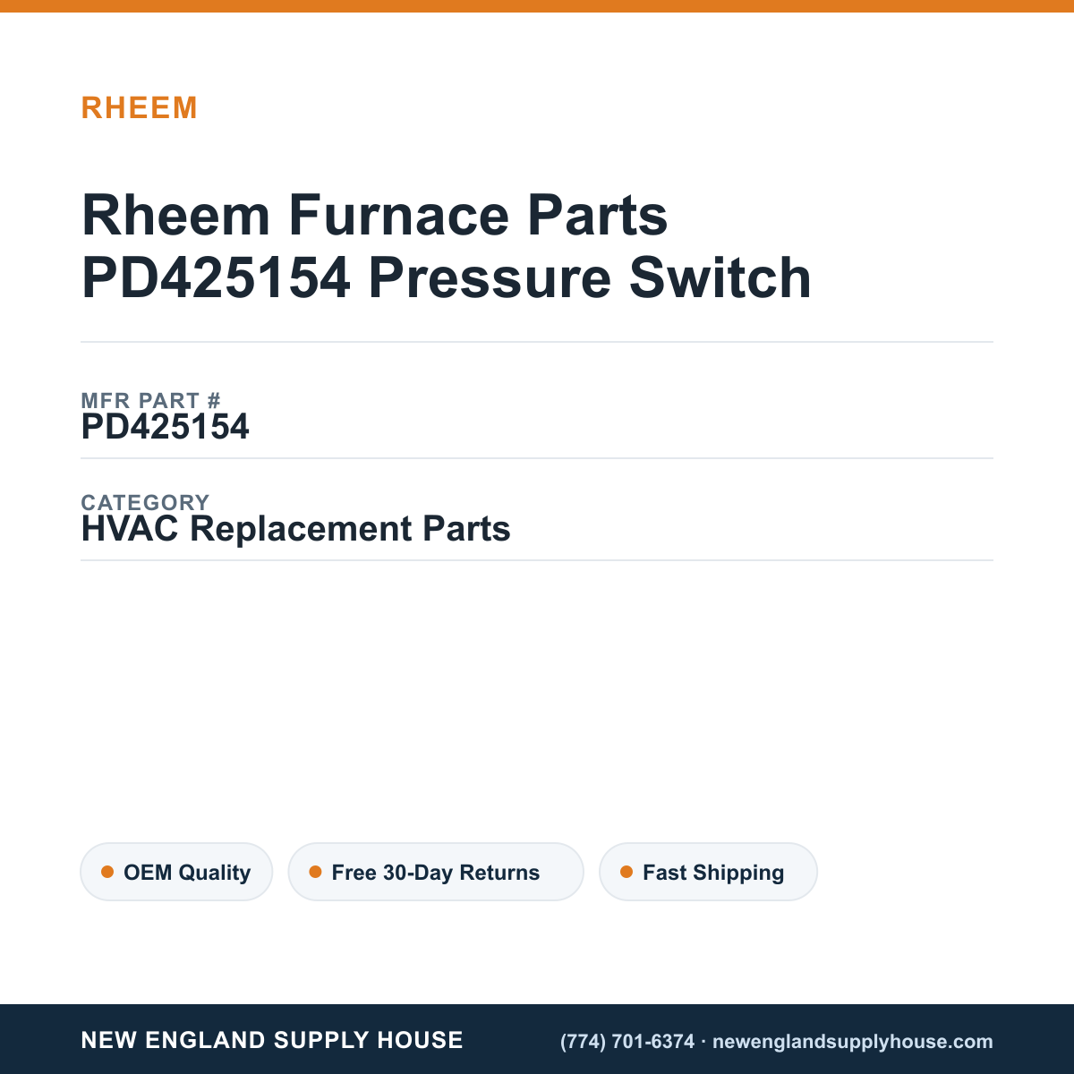 Rheem Furnace Parts PD425154 Pressure Switch — New England Supply House spec card [NESH-SPEC-CARD-V2]