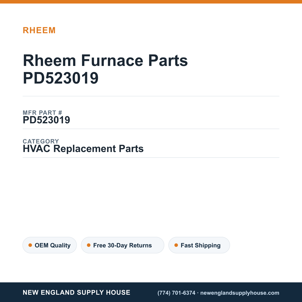 Rheem Furnace Parts PD523019 — New England Supply House spec card [NESH-SPEC-CARD-V2]