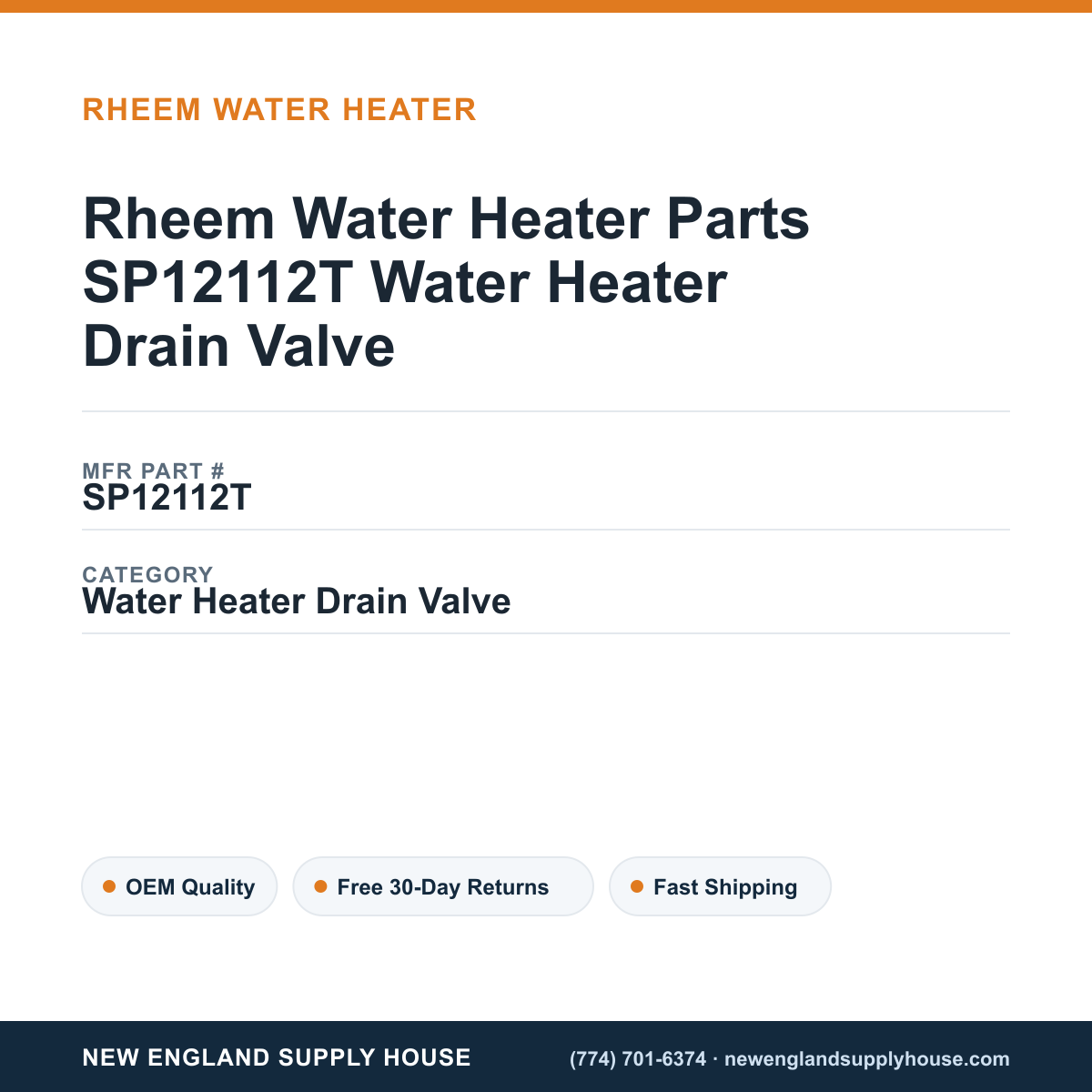 Rheem Water Heater Parts SP12112T Water Heater Drain Valve — New England Supply House spec card [NESH-SPEC-CARD-V2]
