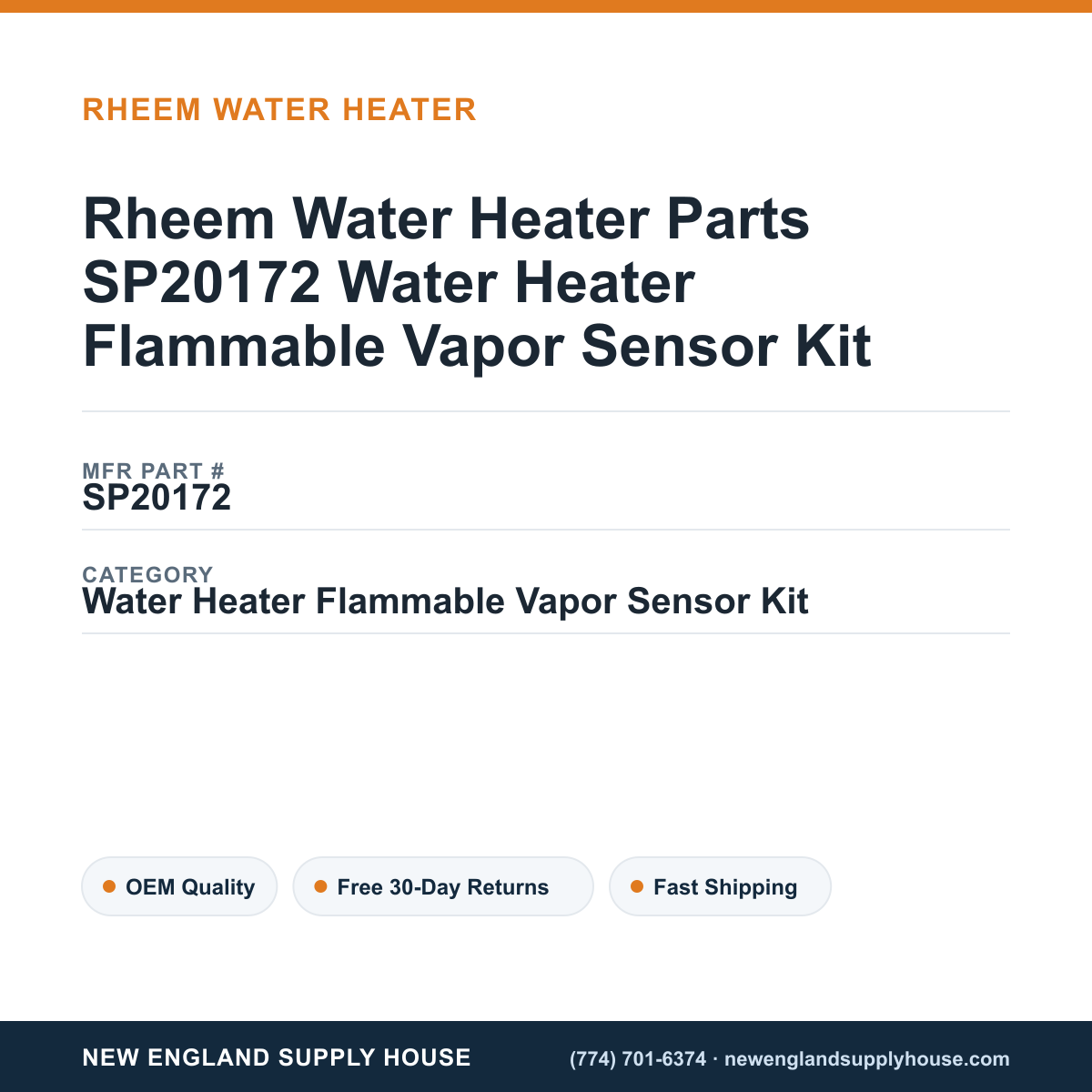 Rheem Water Heater Parts SP20172 Water Heater Flammable Vapor Sensor Kit — New England Supply House spec card [NESH-SPEC-CARD-V2]