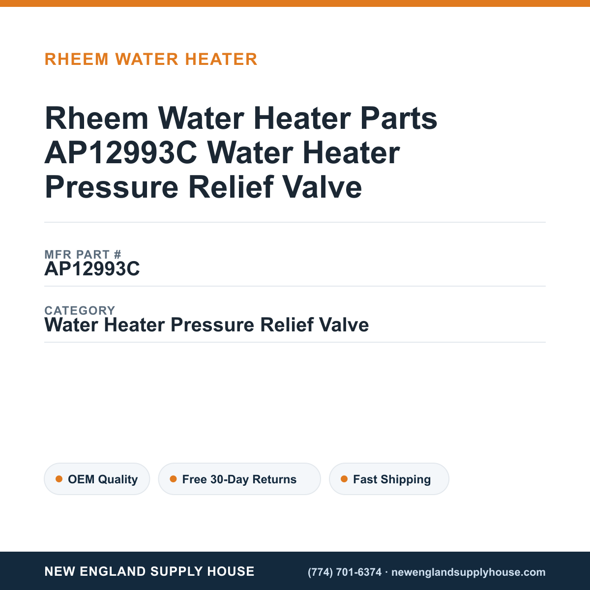 Rheem Water Heater Parts AP12993C Water Heater Pressure Relief Valve — New England Supply House spec card [NESH-SPEC-CARD-V2]