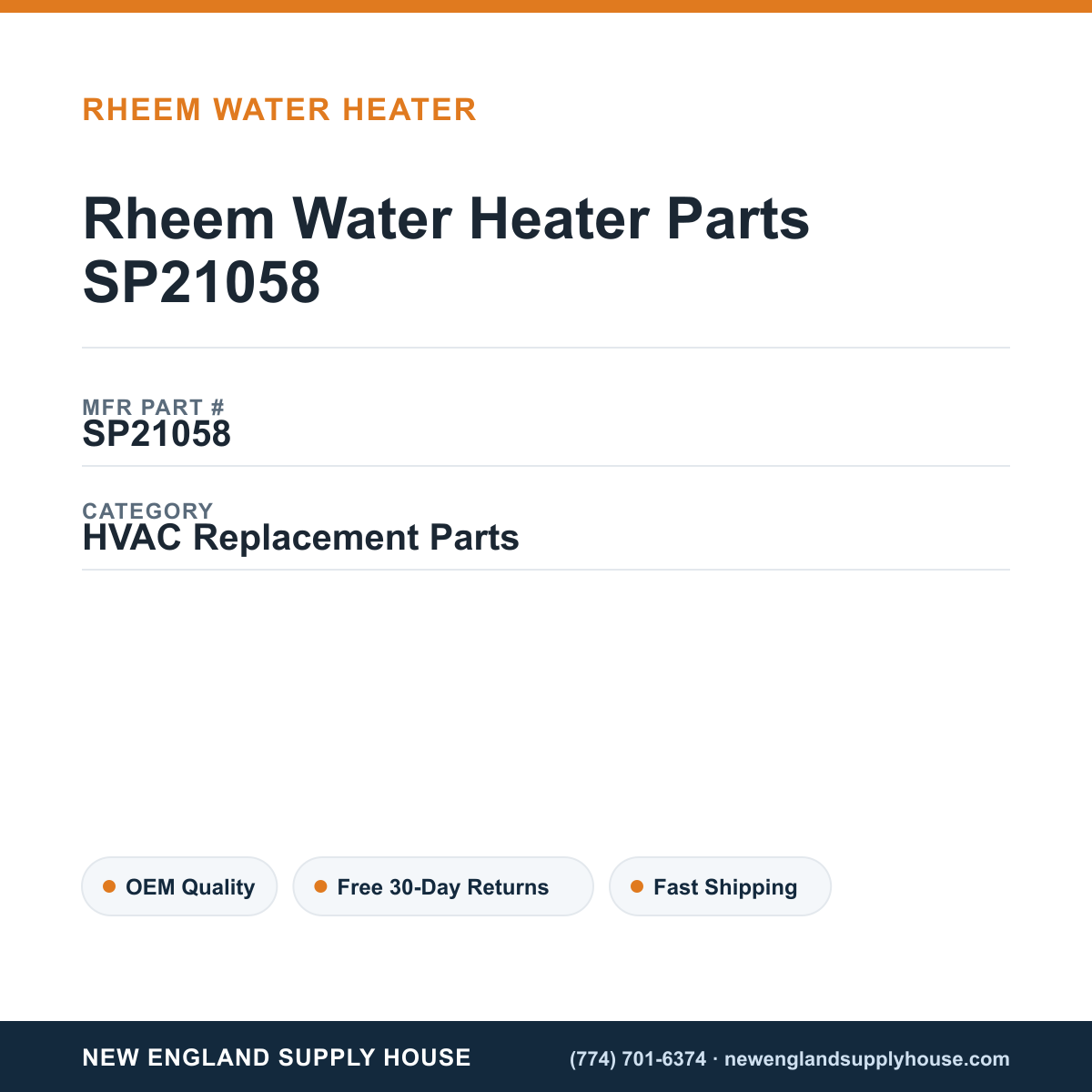Rheem Water Heater Parts SP21058 — New England Supply House spec card [NESH-SPEC-CARD-V2]