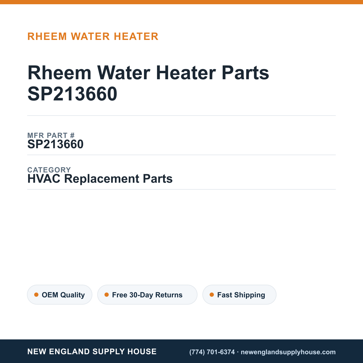 Rheem Water Heater Parts SP213660 — New England Supply House spec card [NESH-SPEC-CARD-V2]
