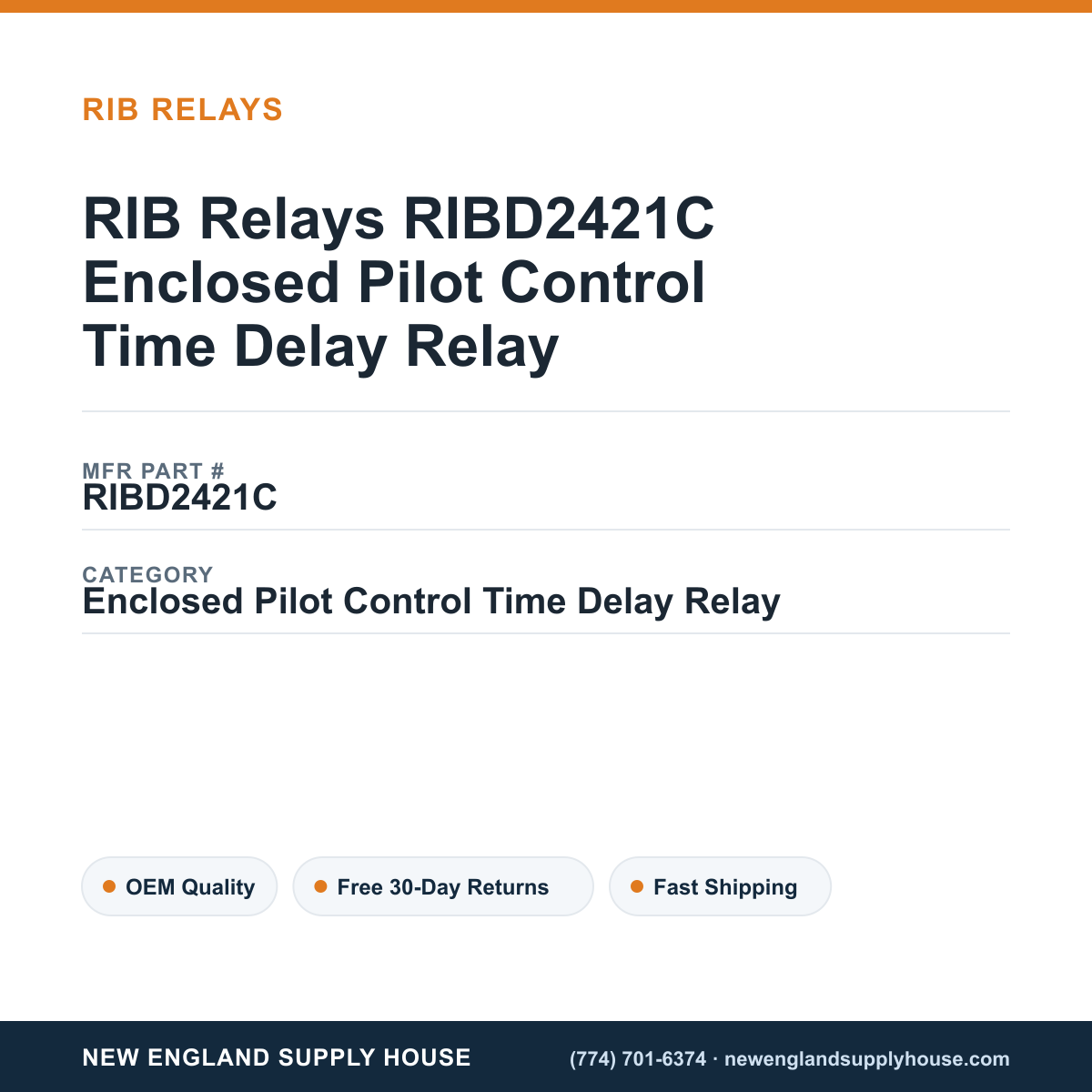 RIB Relays RIBD2421C Enclosed Pilot Control Time Delay Relay — New England Supply House spec card [NESH-SPEC-CARD-V2]
