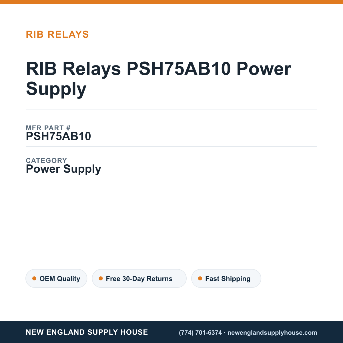 RIB Relays PSH75AB10 Power Supply — New England Supply House spec card [NESH-SPEC-CARD-V2]
