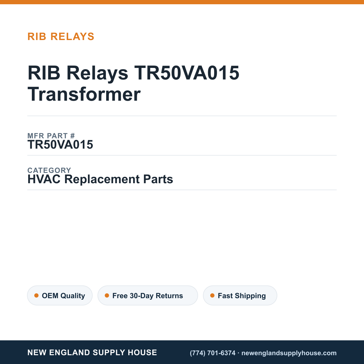 RIB Relays TR50VA015 Transformer — New England Supply House spec card [NESH-SPEC-CARD-V2]