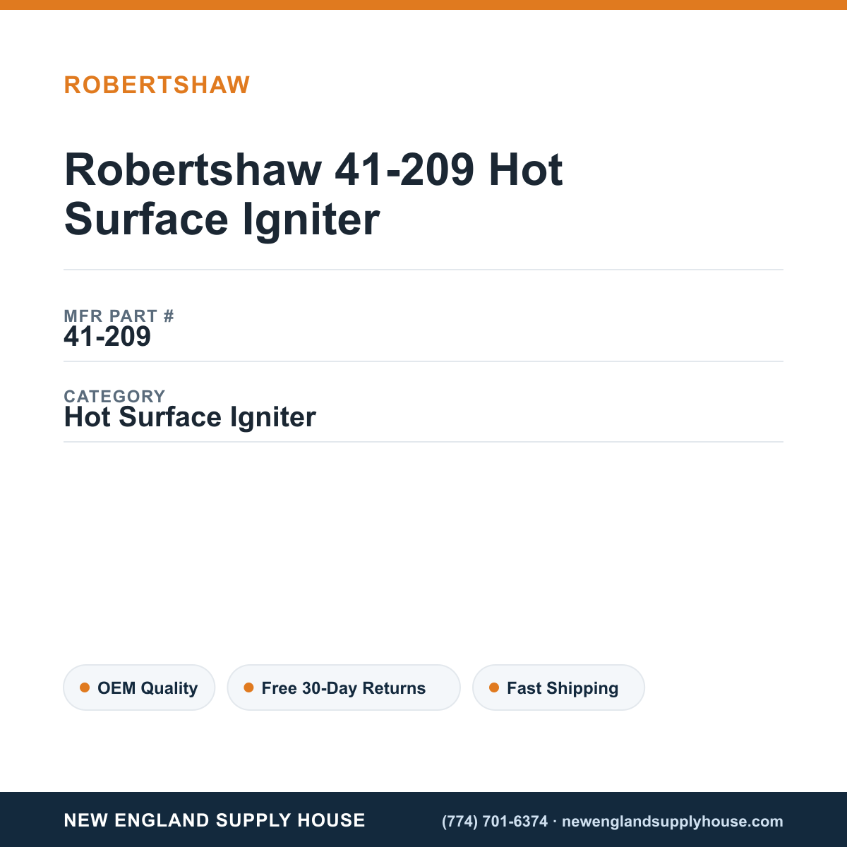 Robertshaw 41-209 Hot Surface Igniter — New England Supply House spec card [NESH-SPEC-CARD-V2]