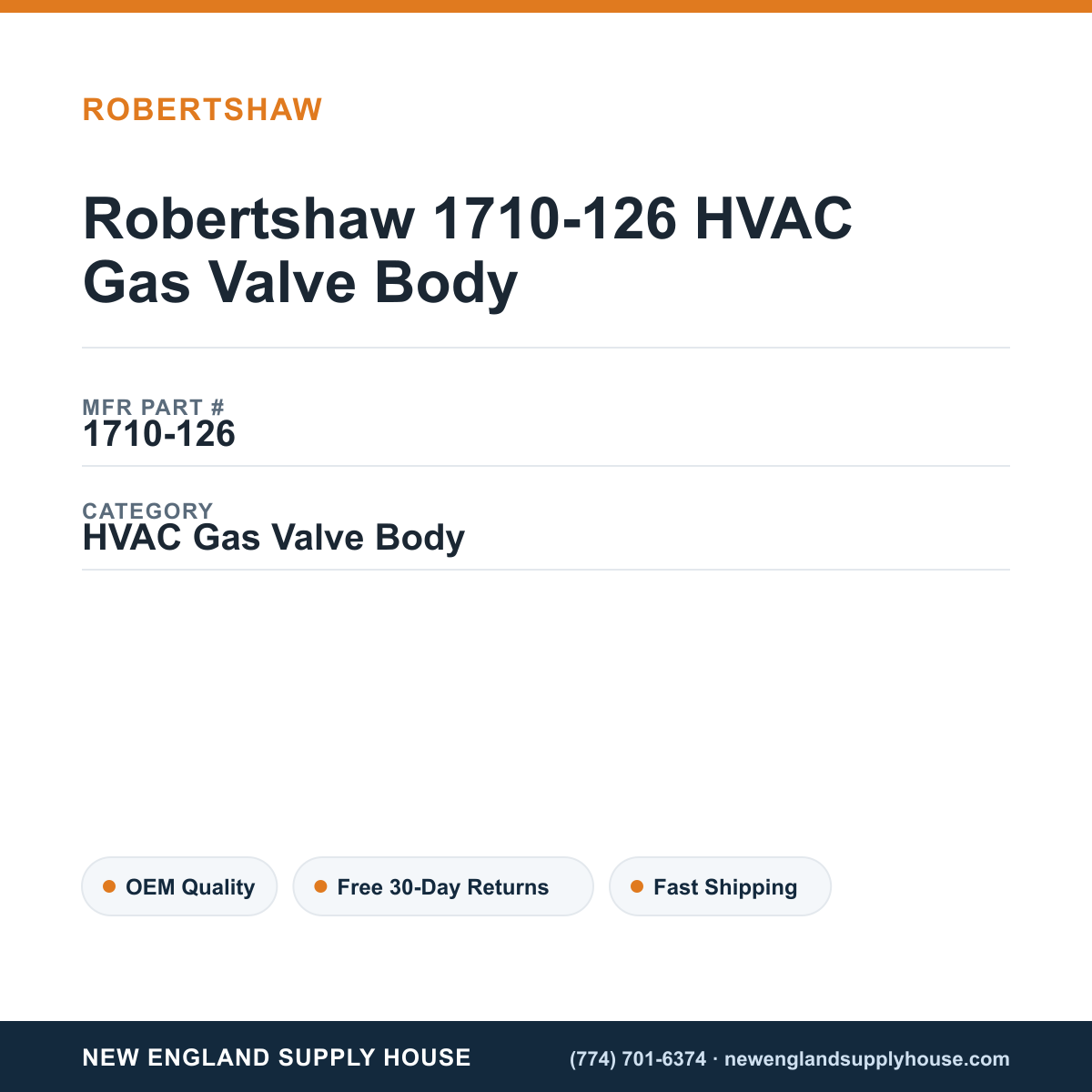 Robertshaw 1710-126 HVAC Gas Valve Body — New England Supply House spec card [NESH-SPEC-CARD-V2]