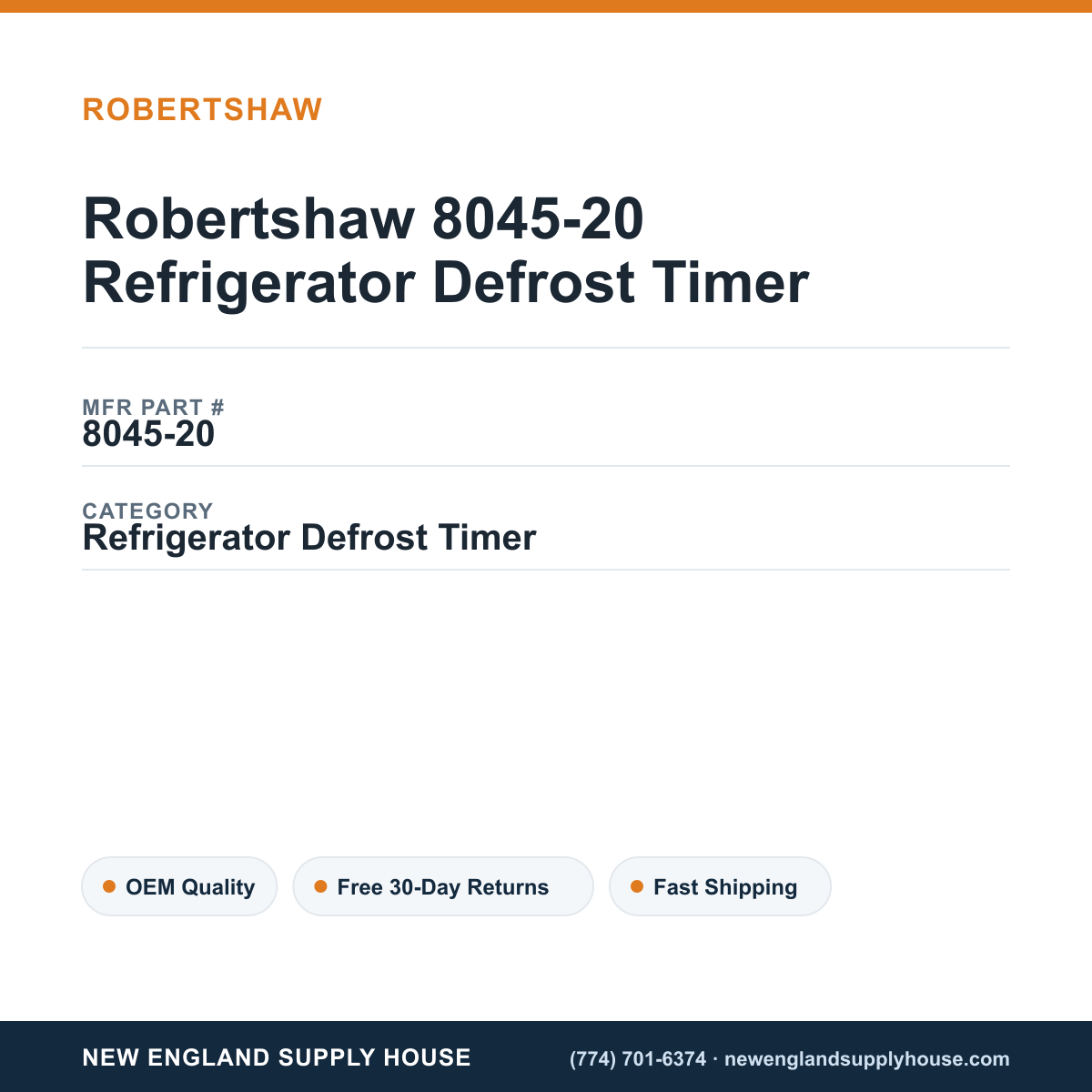 Robertshaw 8045-20 Refrigerator Defrost Timer — New England Supply House spec card [NESH-SPEC-CARD-V2]