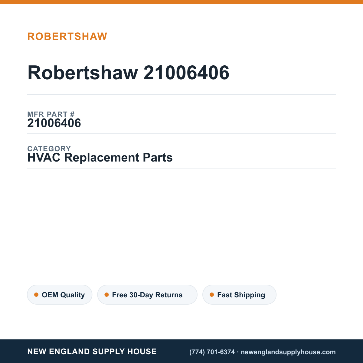 Robertshaw 21006406 — New England Supply House spec card [NESH-SPEC-CARD-V2]
