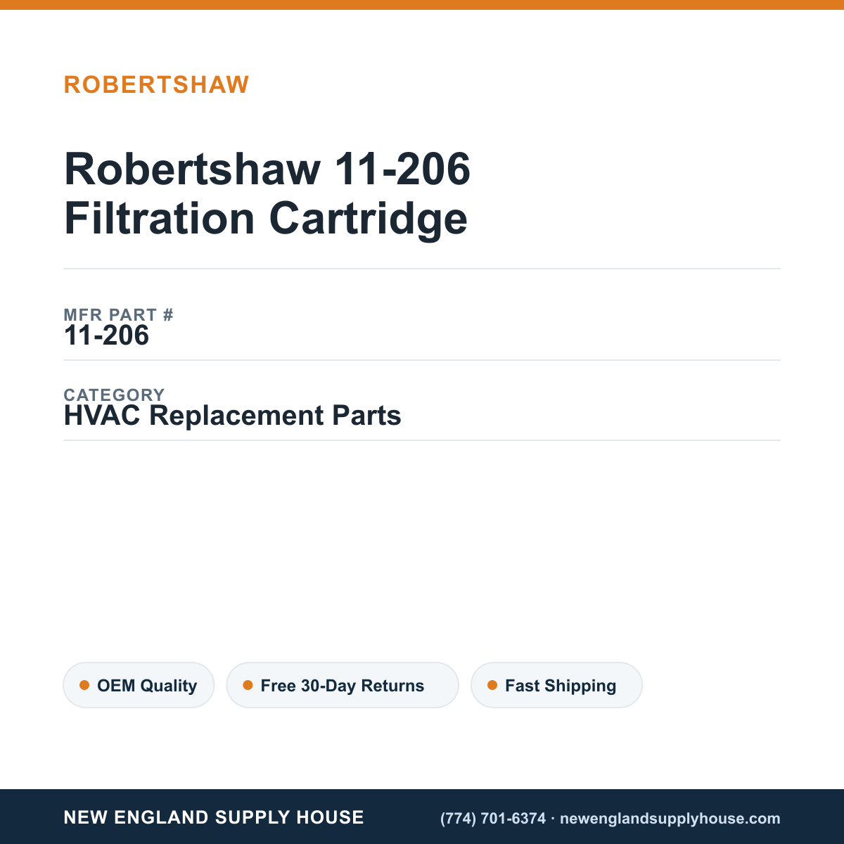 Robertshaw 11-206 Filtration Cartridge — New England Supply House spec card [NESH-SPEC-CARD-V2]