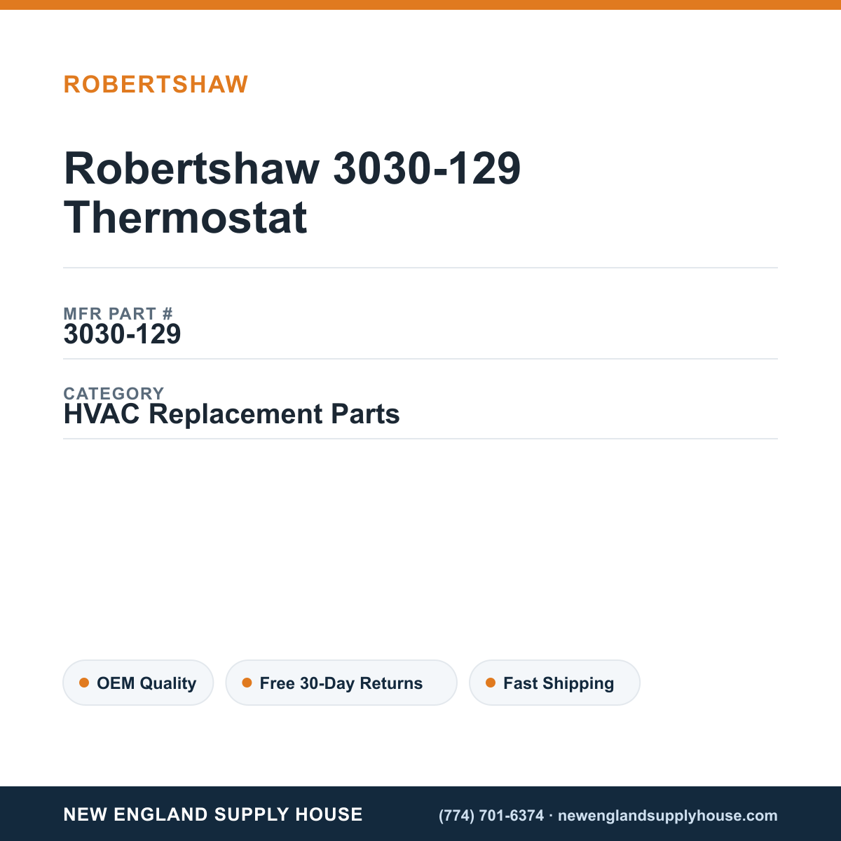 Robertshaw 3030-129 Thermostat — New England Supply House spec card [NESH-SPEC-CARD-V2]