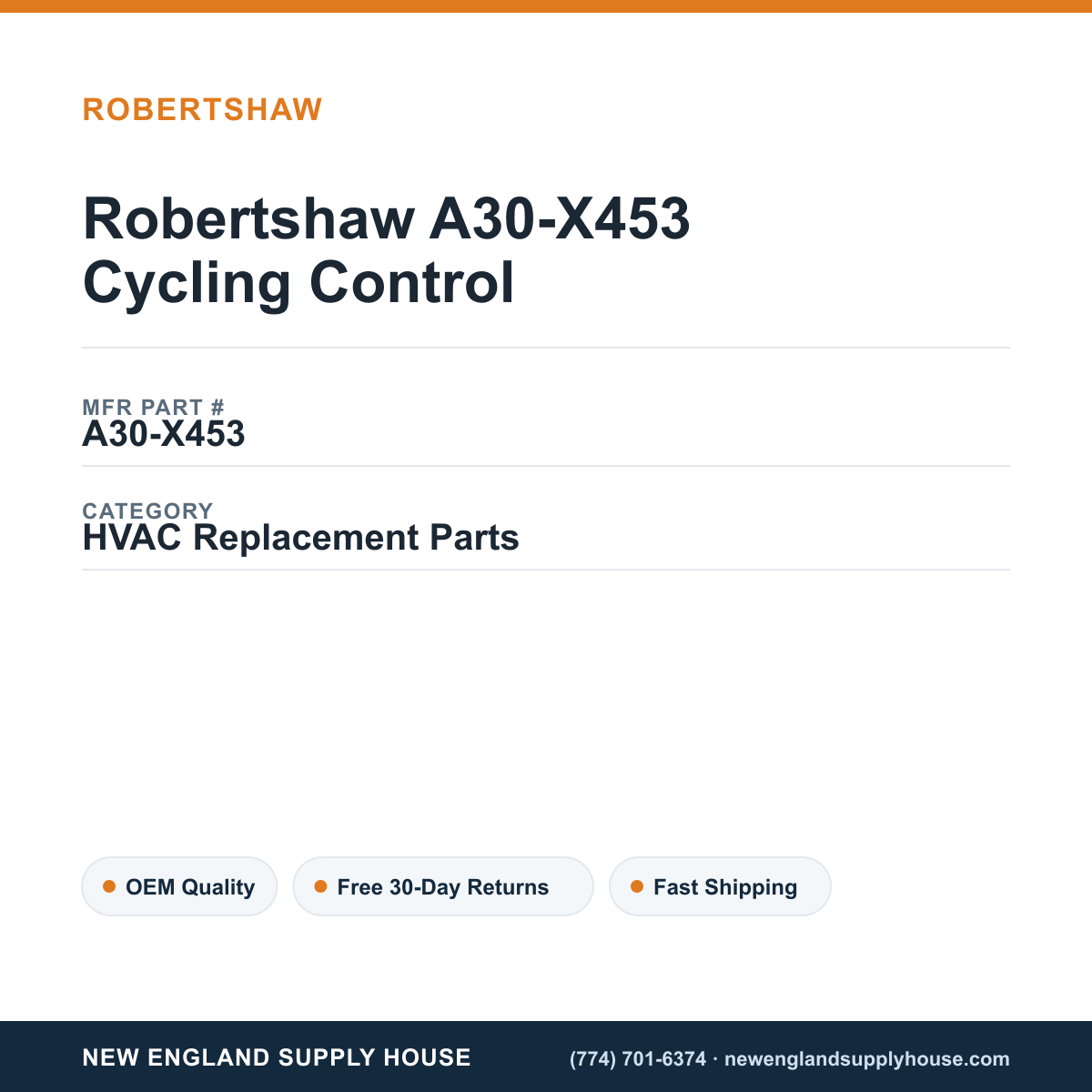 Robertshaw A30-X453 Cycling Control — New England Supply House spec card [NESH-SPEC-CARD-V2]
