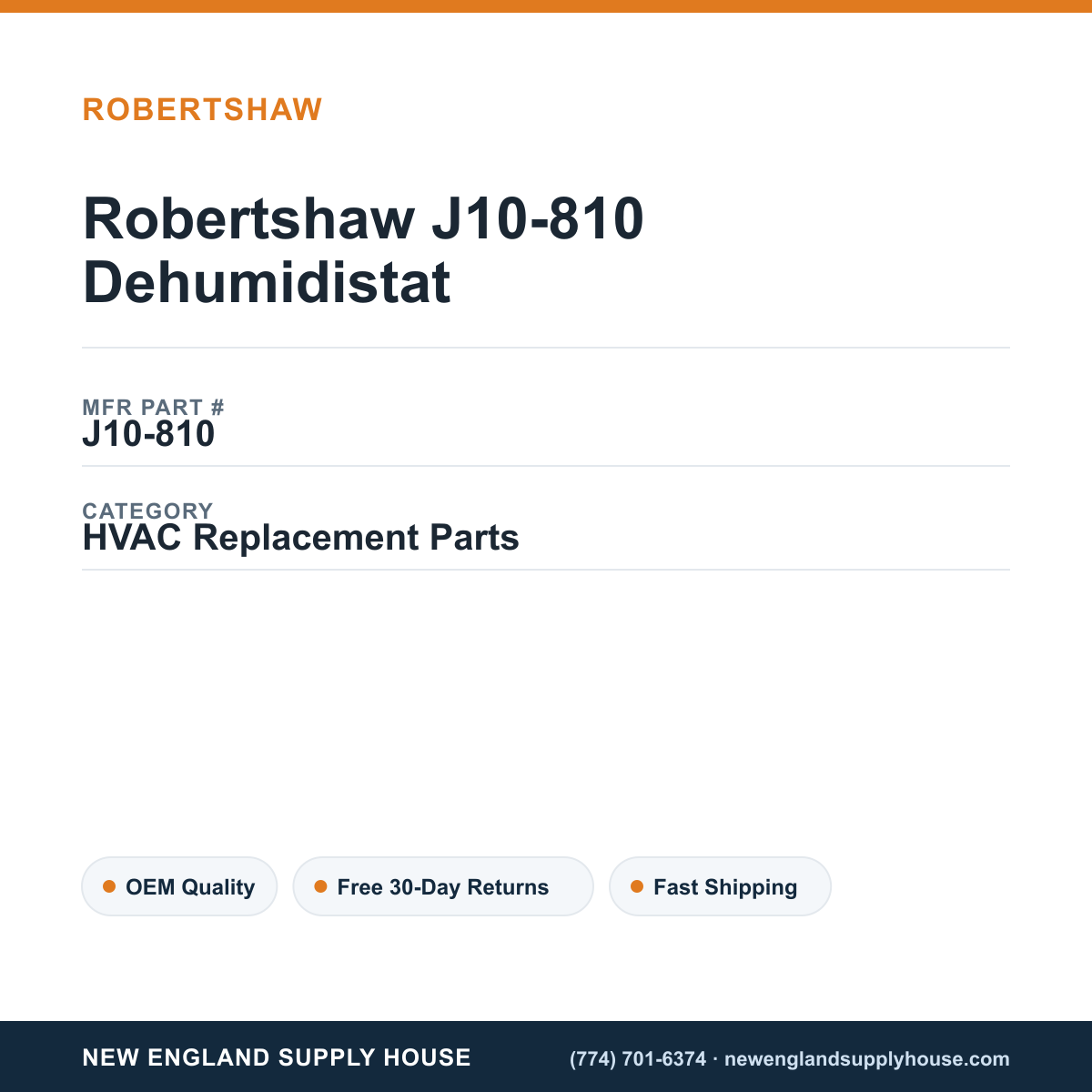 Robertshaw J10-810 Dehumidistat — New England Supply House spec card [NESH-SPEC-CARD-V2]