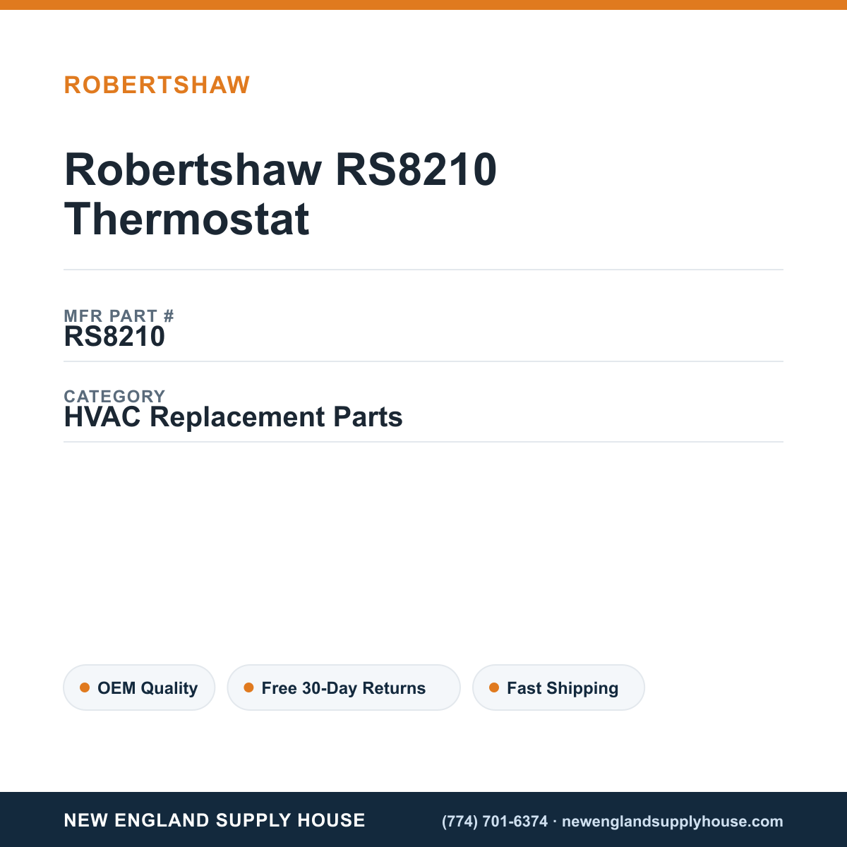 Robertshaw RS8210 Thermostat — New England Supply House spec card [NESH-SPEC-CARD-V2]