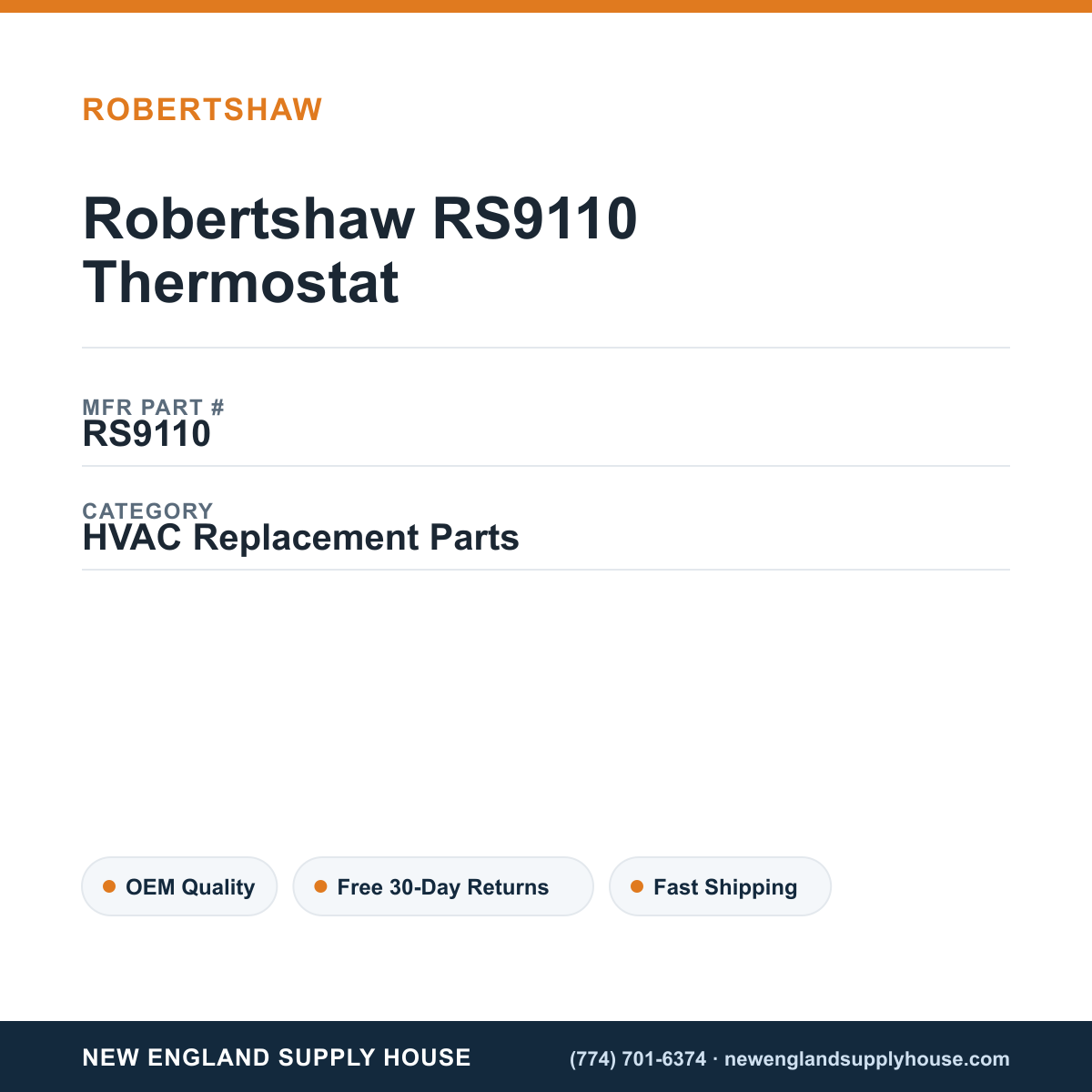 Robertshaw RS9110 Thermostat — New England Supply House spec card [NESH-SPEC-CARD-V2]