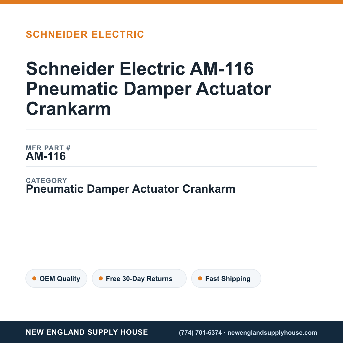 Schneider Electric AM-116 Pneumatic Damper Actuator Crankarm — New England Supply House spec card [NESH-SPEC-CARD-V2]