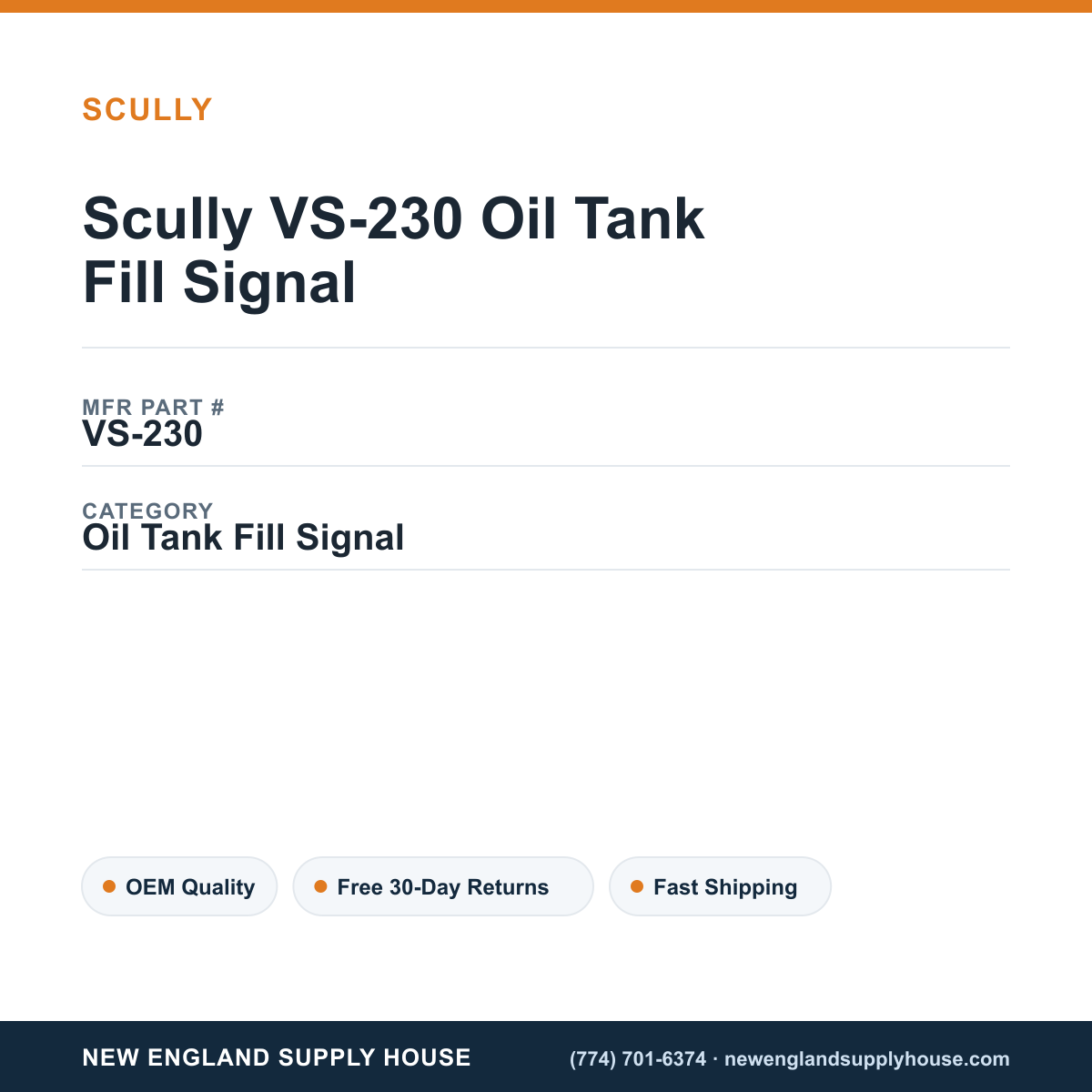 Scully VS-230 Oil Tank Fill Signal — New England Supply House spec card [NESH-SPEC-CARD-V2]