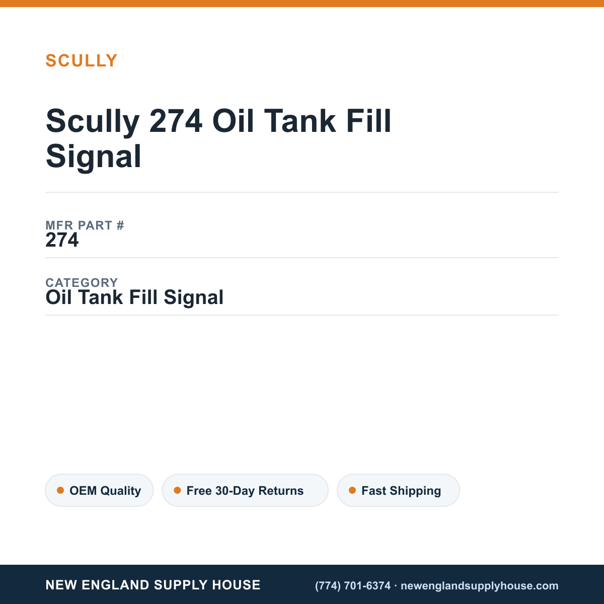 Scully 274 Oil Tank Fill Signal — New England Supply House spec card [NESH-SPEC-CARD-V2]