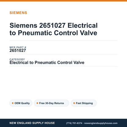 Siemens 2651027 Electrical to Pneumatic Control Valve — New England Supply House spec card [NESH-SPEC-CARD-V2]