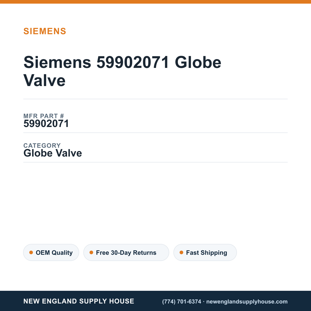 Siemens 59902071 Globe Valve — New England Supply House spec card [NESH-SPEC-CARD-V2]