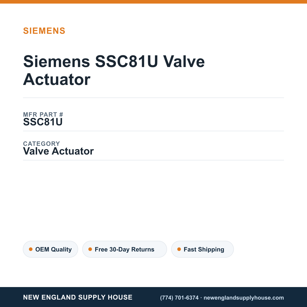 Siemens SSC81U Valve Actuator — New England Supply House spec card [NESH-SPEC-CARD-V2]