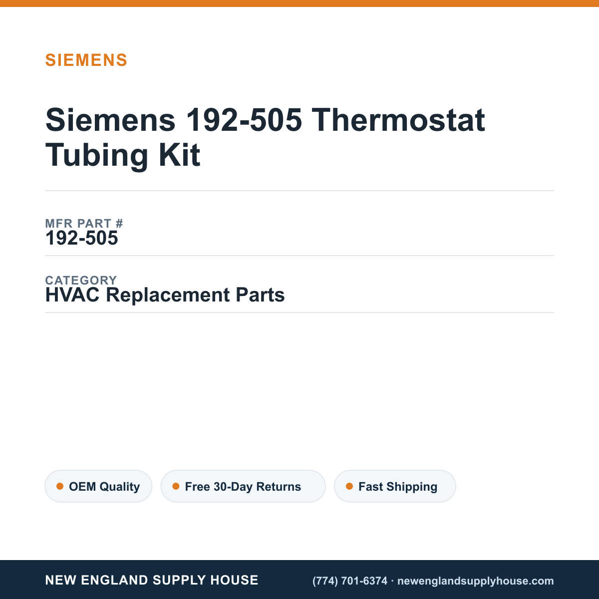 Siemens 192-505 Thermostat Tubing Kit — New England Supply House spec card [NESH-SPEC-CARD-V2]