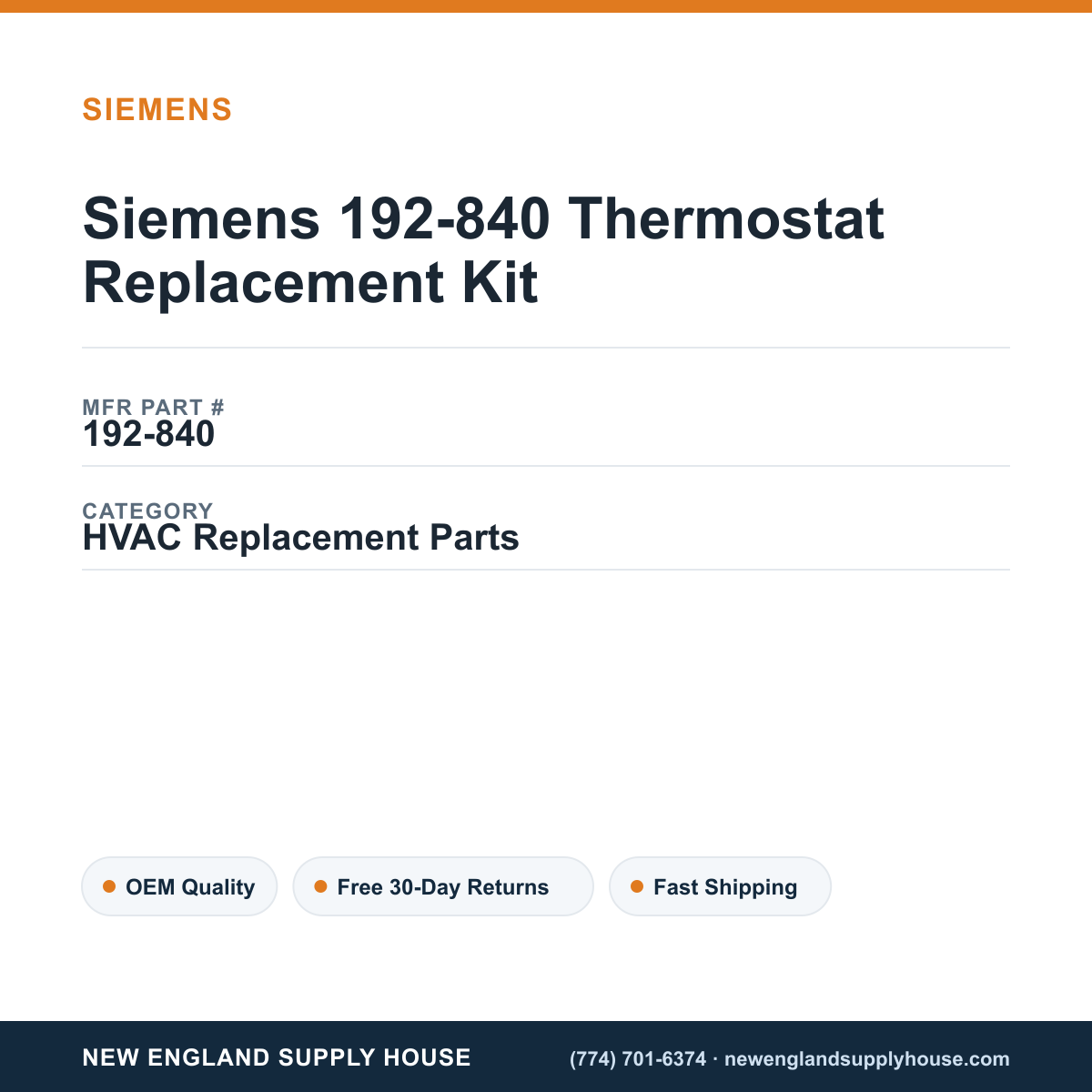 Siemens 192-840 Thermostat Replacement Kit — New England Supply House spec card [NESH-SPEC-CARD-V2]